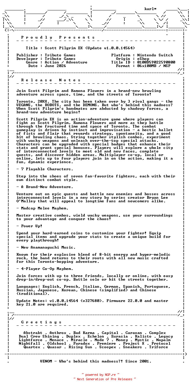 NFO for the release Scott_Pilgrim_EX_Update_v1.0.0.14564_NSW-VENOM by VENOM