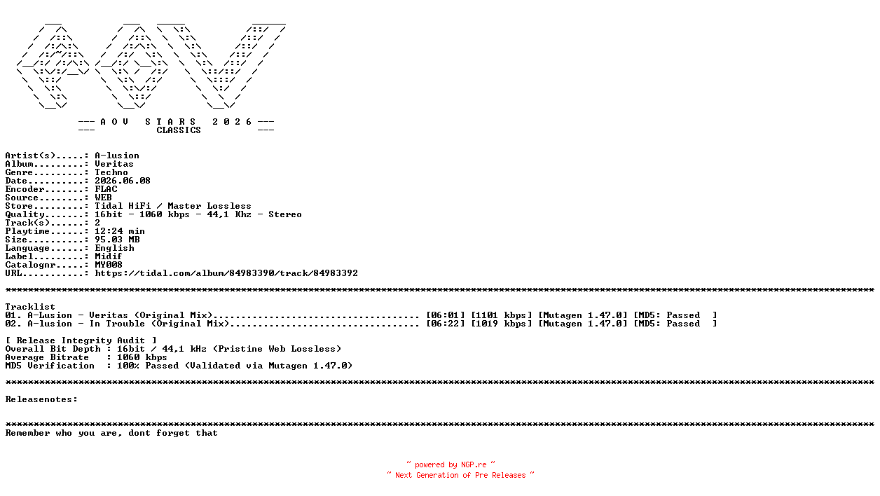NFO for the release A-lusion-Veritas-(MY008)-16BIT-WEB-FLAC-2008-AOVF_Classics by AOVF_Classics