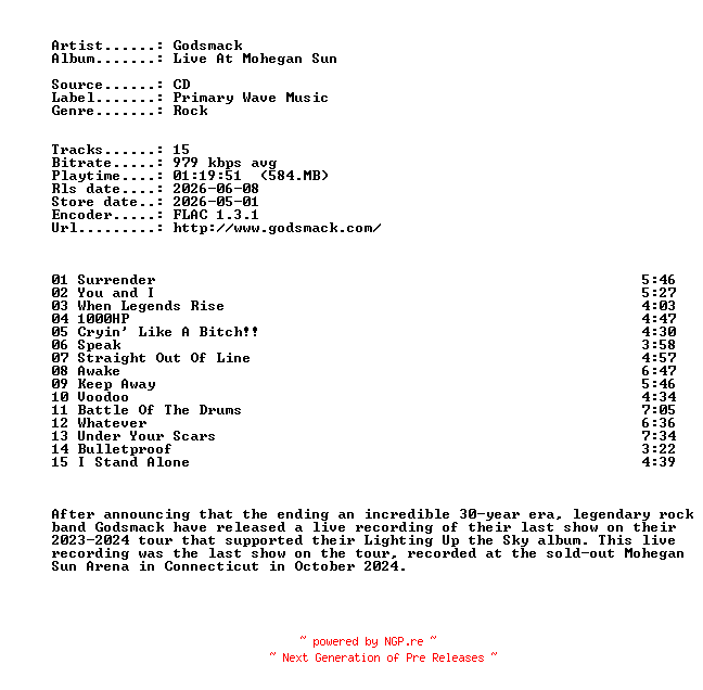 NFO for the release Godsmack-Live_At_Mohegan_Sun-CD-FLAC-2026-401 by 401