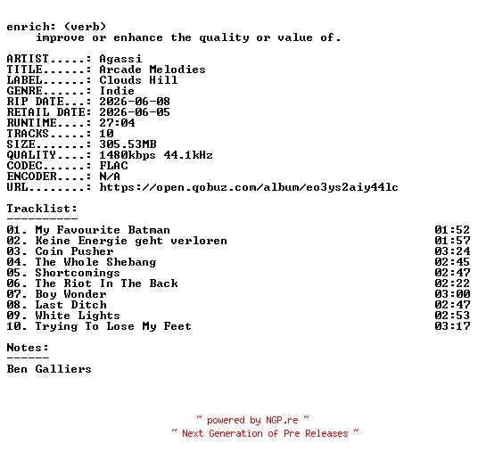NFO for the release Agassi-Arcade_Melodies-24BIT-WEB-FLAC-2026-ENRiCH by ENRiCH