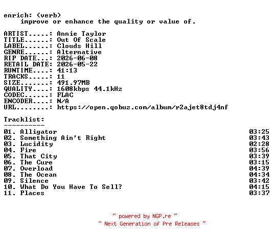 NFO for the release Annie_Taylor-Out_Of_Scale-24BIT-WEB-FLAC-2026-ENRiCH by ENRiCH
