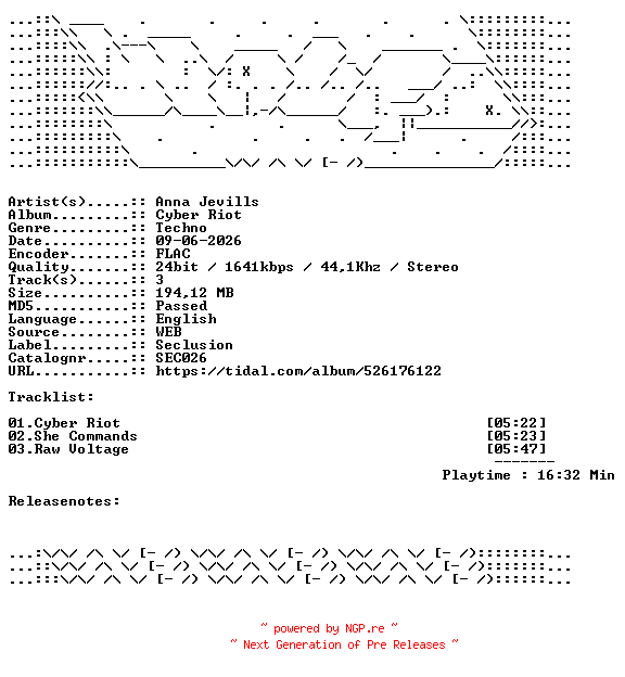 NFO for the release Anna_Jevills-Cyber_Riot-SEC026-24BIT-WEB-FLAC-2026-WAVED by WAVED