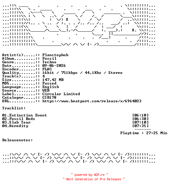 NFO for the release Planctophob-Fossil-CIR178-16BIT-WEB-FLAC-2026-WAVED by WAVED