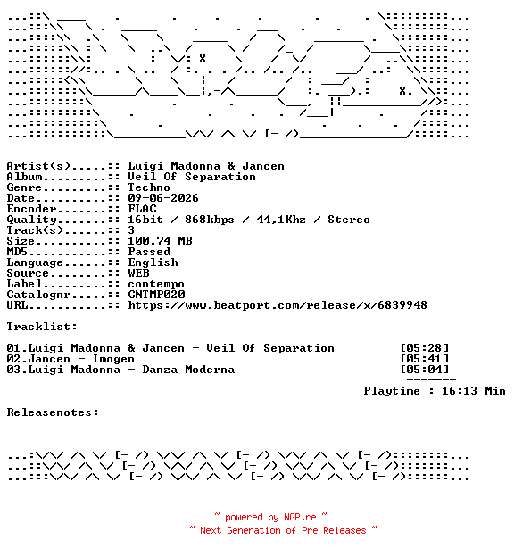 NFO for the release Luigi_Madonna_And_Jancen-Veil_Of_Separation-CNTMP020-16BIT-WEB-FLAC-2026-WAVED by WAVED