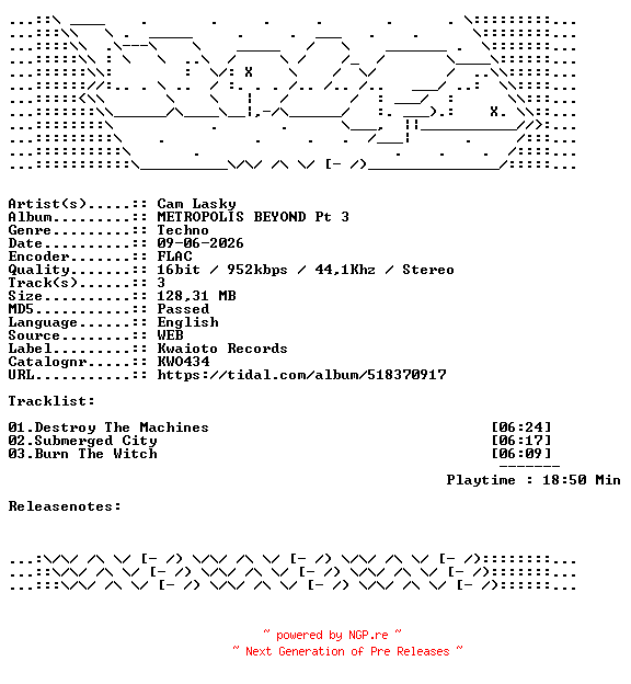 NFO for the release Cam_Lasky-METROPOLIS_BEYOND_Pt_3-KWO434-16BIT-WEB-FLAC-2026-WAVED by WAVED
