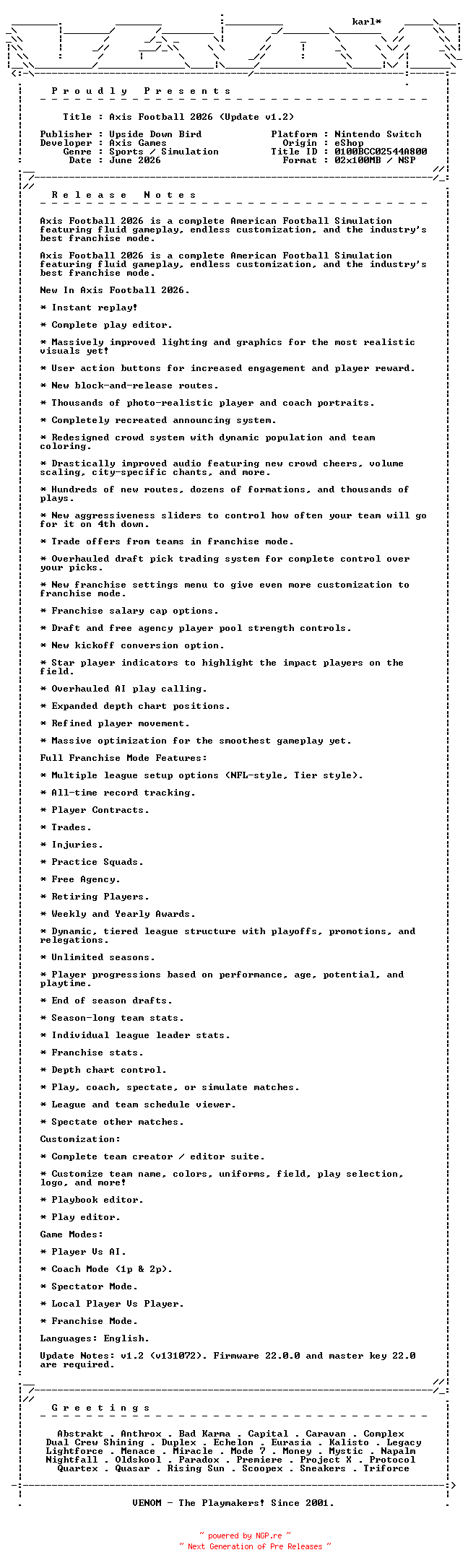 NFO for the release Axis_Football_2026_Update_v1.2_NSW-VENOM by VENOM