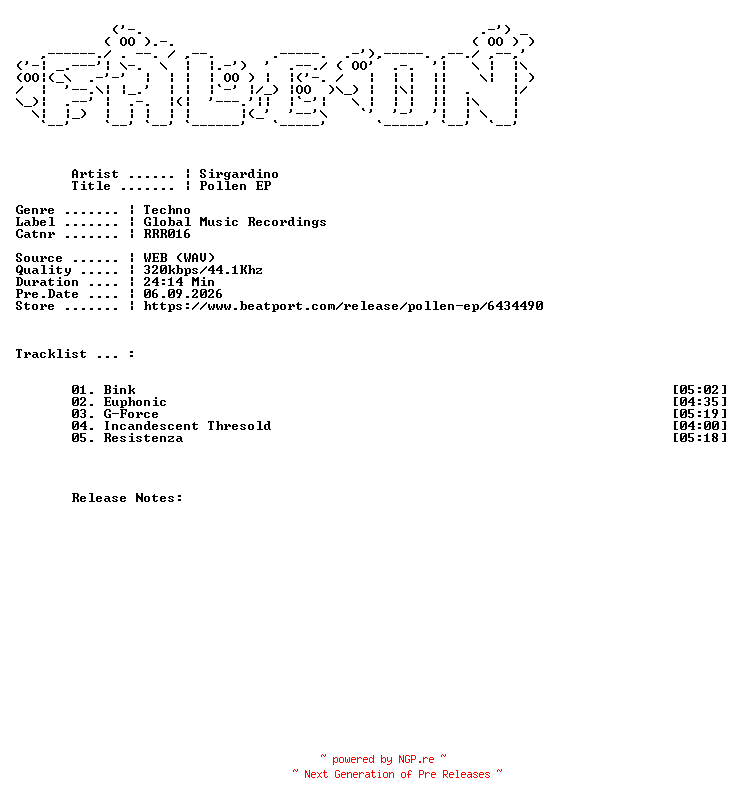 NFO for the release Sirgardino-Pollen_EP-(RRR016)-WEB-2026-FALCON by FALCON