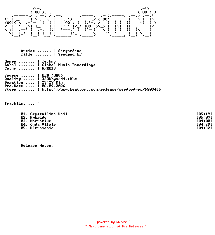 NFO for the release Sirgardino-Seedpod_EP-(RRR018)-WEB-2026-FALCON by FALCON