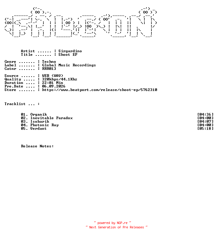 NFO for the release Sirgardino-Shoot_EP-(RRR013)-WEB-2026-FALCON by FALCON