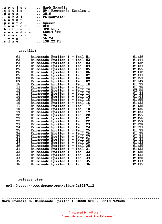 NFO for the release Mark_Brandis-F09_Raumsonde_Epsilon_1-ABOOK-WEB-DE-2010-MONGOS by MONGOS