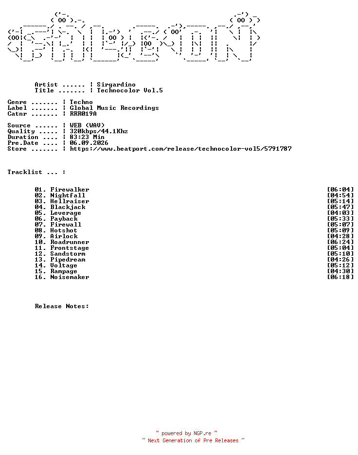 NFO for the release Sirgardino-Technocolor_Vol.5-(RRR019A)-WEB-2026-FALCON by FALCON