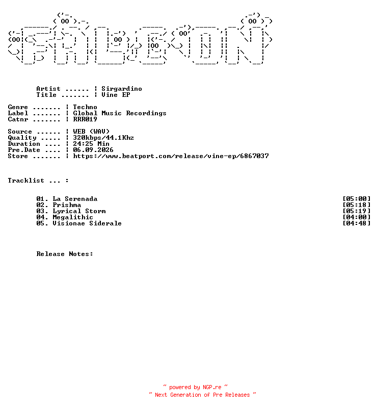 NFO for the release Sirgardino-Vine_EP-(RRR019)-WEB-2026-FALCON by FALCON