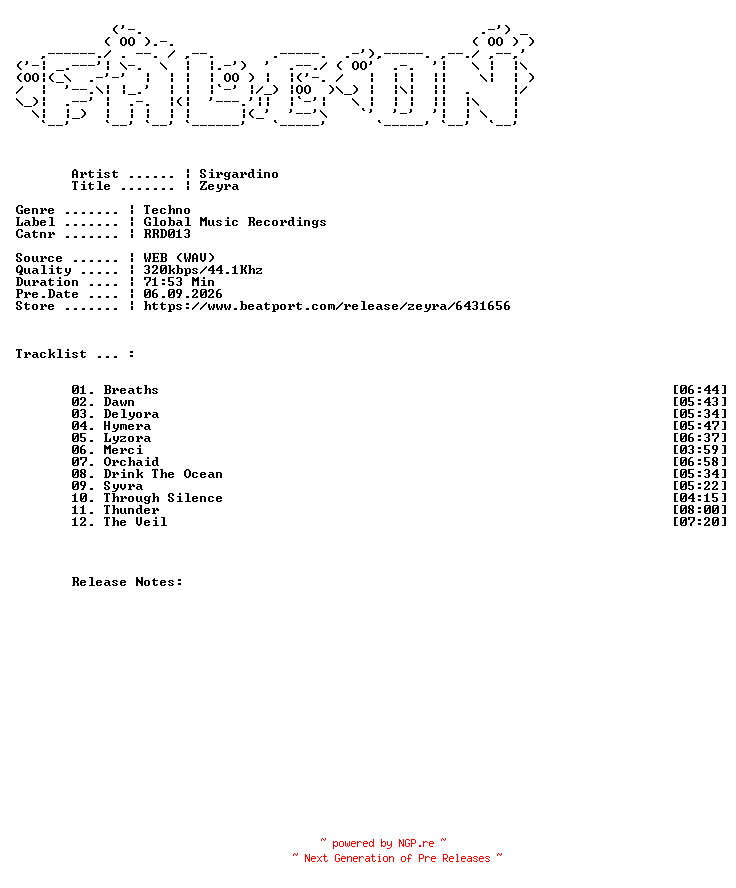 NFO for the release Sirgardino-Zeyra-(RRD013)-WEB-2026-FALCON by FALCON