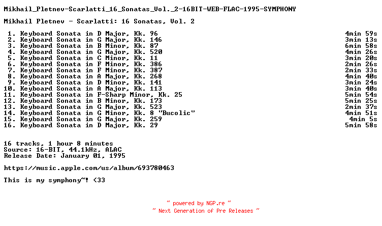 NFO for the release Mikhail_Pletnev-Scarlatti_16_Sonatas_Vol._2-16BIT-WEB-FLAC-1995-SYMPHONY by SYMPHONY