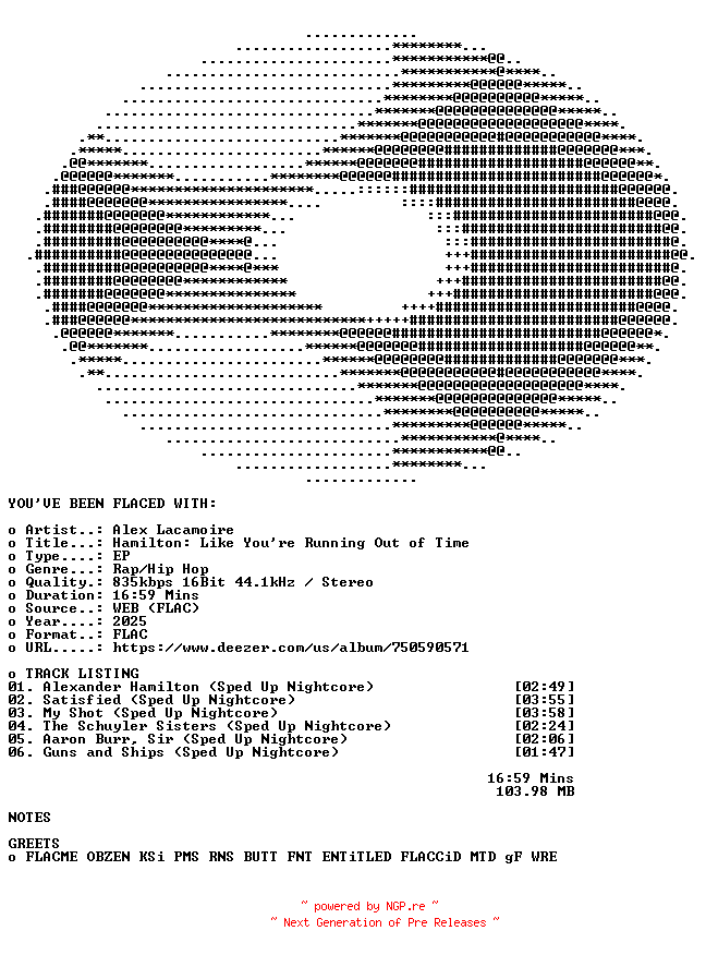 NFO for the release Alex_Lacamoire-Hamilton_Like_Youre_Running_Out_of_Time-EP-16BIT-WEB-FLAC-2025-FLACED by FLACED