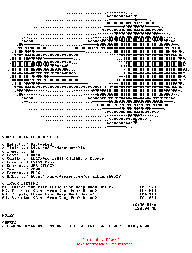 NFO for the release Disturbed-Live_and_Indestructible-16BIT-WEB-FLAC-2008-FLACED by FLACED