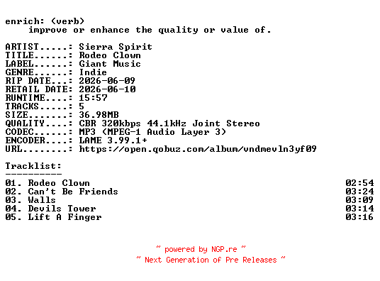 NFO for the release Sierra_Spirit-Rodeo_Clown-EP-WEB-2026-ENRiCH by ENRiCH