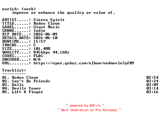 NFO for the release Sierra_Spirit-Rodeo_Clown-EP-16BIT-WEB-FLAC-2026-ENRiCH by ENRiCH
