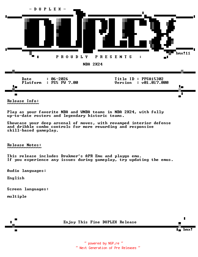 NFO for the release NBA.2K24.PS5-DUPLEX by DUPLEX