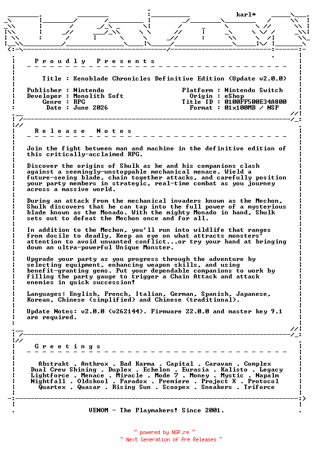 NFO for the release Xenoblade_Chronicles_Definitive_Edition_Update_v2.0.0_NSW-VENOM by VENOM