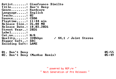 NFO for the release Gianfranco_Dimilto-Dont_Deny-WEB-2026-XTC_iNT by XTC_iNT