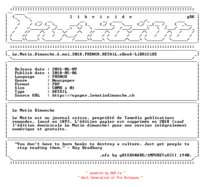 NFO for the release Le.Matin.Dimanche.6.mai.2018.FRENCH.RETAiL.eBook-LiBRiCiDE by LiBRiCiDE