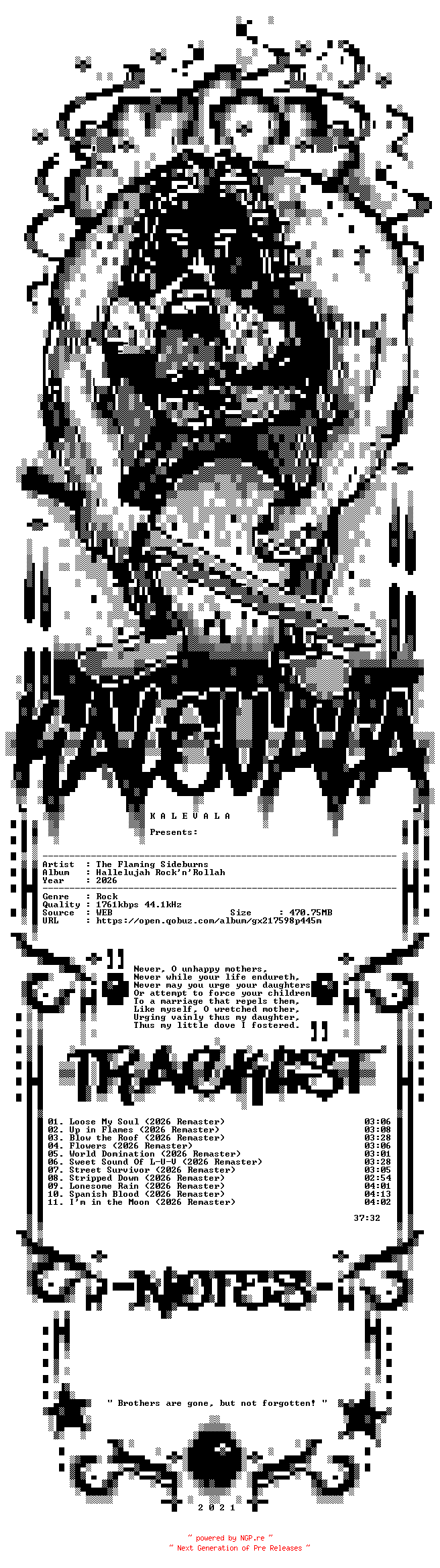 NFO for the release The_Flaming_Sideburns-Hallelujah_RocknRollah-REMASTERED-24BIT-WEB-FLAC-2026-KALEVALA by KALEVALA