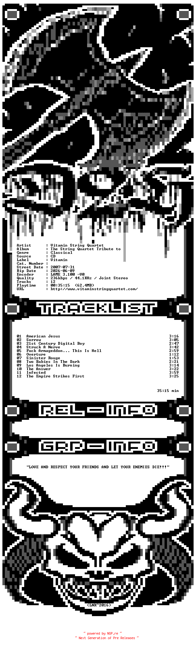 NFO for the release Vitamin_String_Quartet-The_String_Quartet_Tribute_To_Bad_Religion_History_Repeating-CD-2007-D2H by D2H