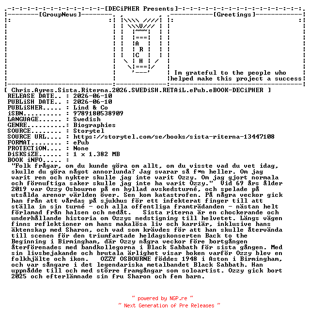 NFO for the release Chris.Ayres.Sista.Riterna.2026.SWEDiSH.RETAiL.ePub.eBOOK-DECiPHER by DECiPHER