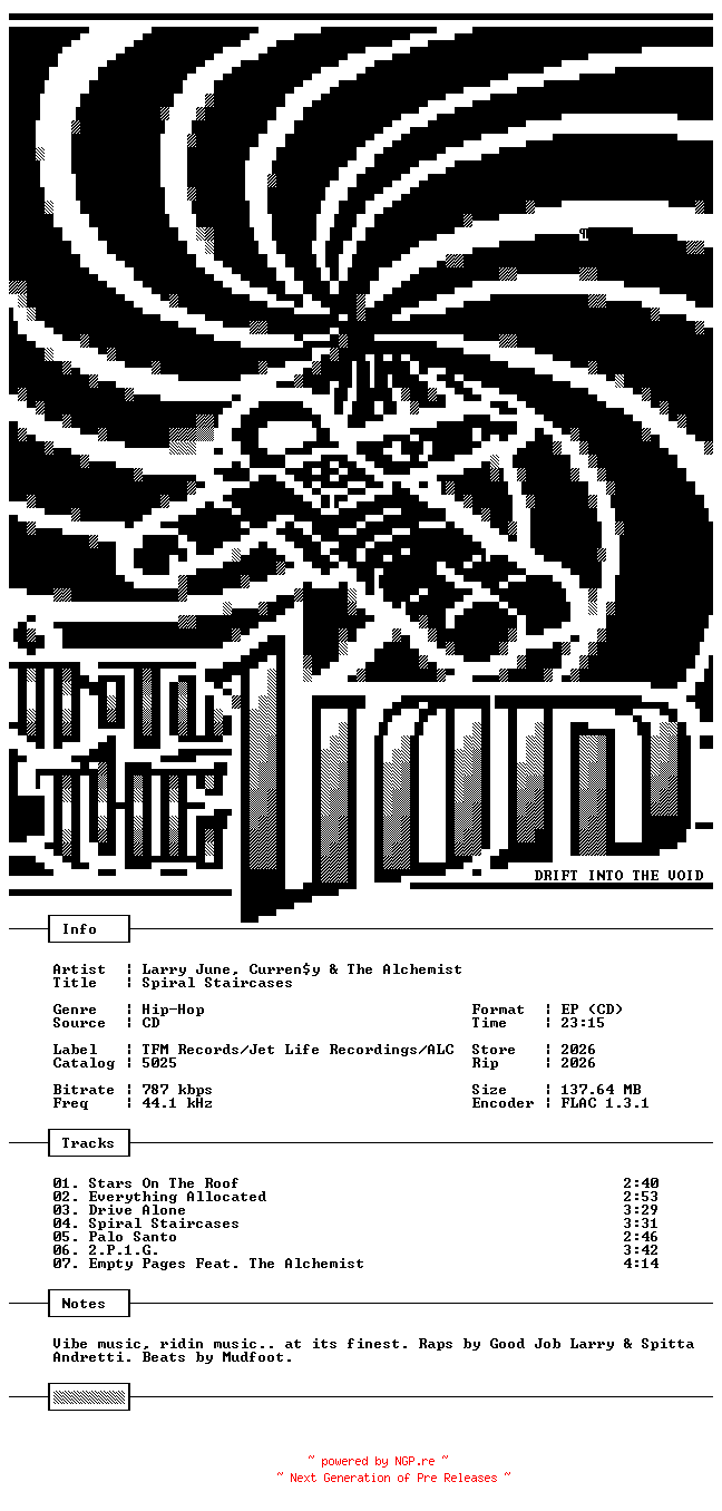 NFO for the release Larry_June_Currensy_And_The_Alchemist-Spiral_Staircases-CDEP-FLAC-2026-THEVOiD by THEVOiD