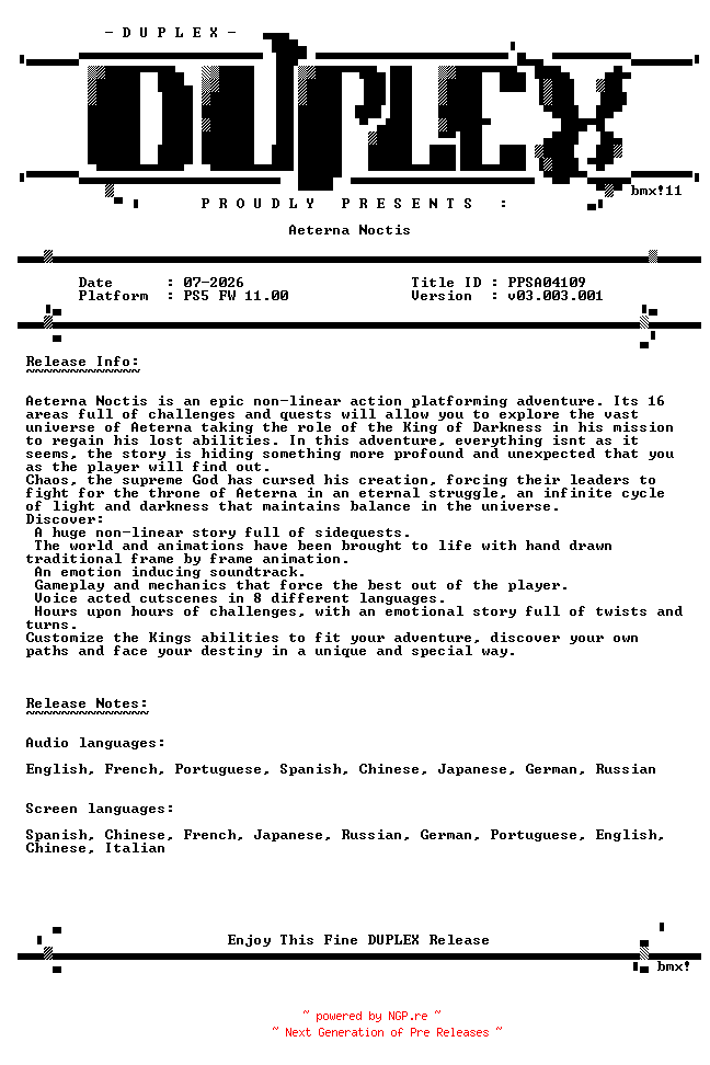 NFO for the release Aeterna.Noctis.PS5-DUPLEX by DUPLEX