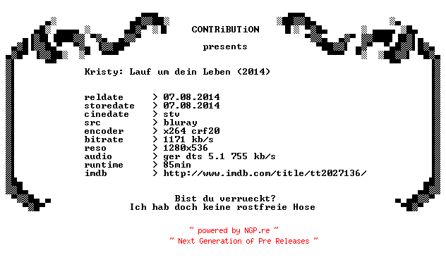 NFO for the release Kristy.Lauf.um.dein.Leben.2014.German.720p.BluRay.x264-CONTRiBUTiON by CONTRiBUTiON