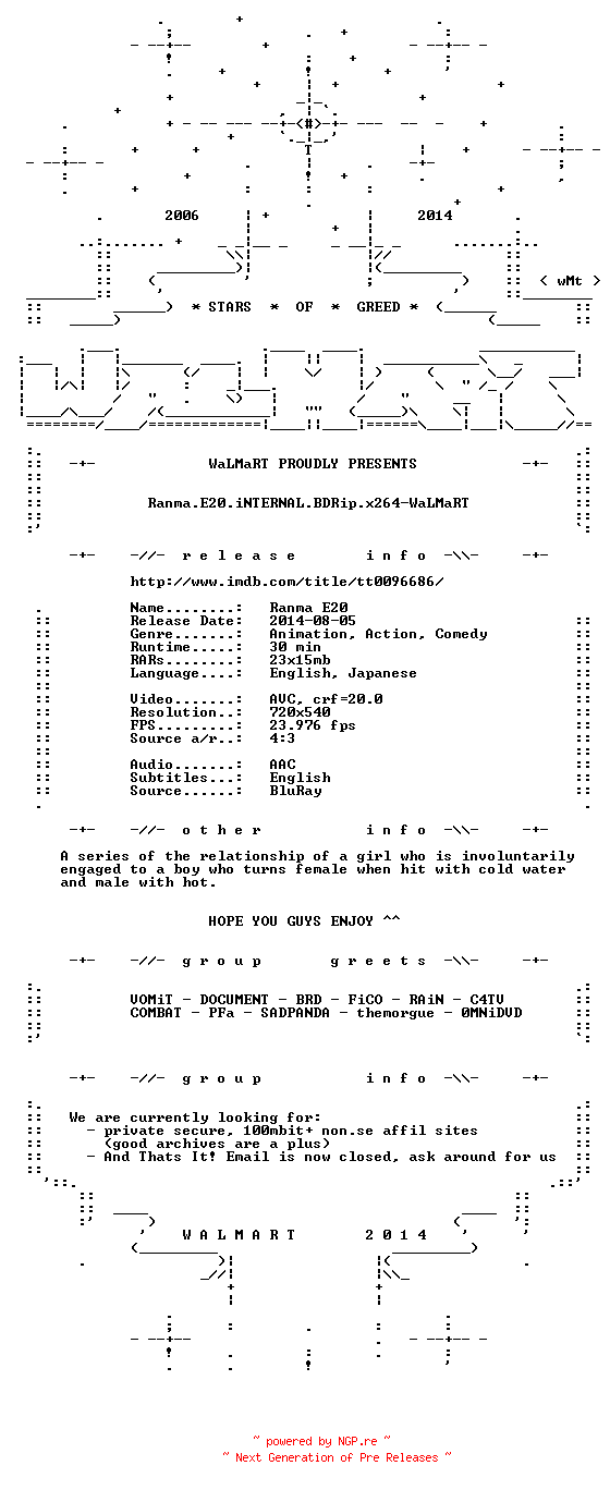 NFO for the release Ranma.E20.iNTERNAL.BDRip.x264-WaLMaRT by WaLMaRT