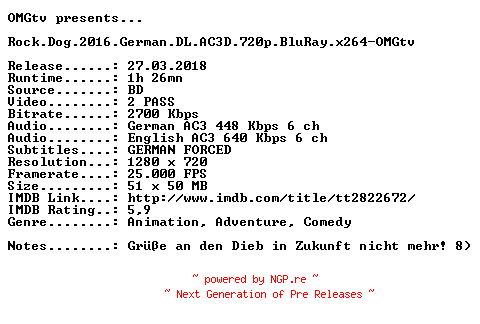 NFO for the release Rock.Dog.2016.German.DL.AC3D.720p.BluRay.x264-OMGtv by OMGtv
