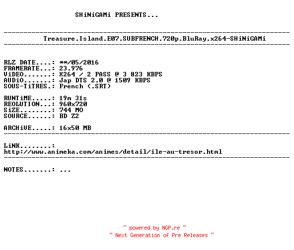 NFO for the release Treasure.Island.E07.SUBFRENCH.720p.BluRay.x264-SHiNiGAMi by SHiNiGAMi