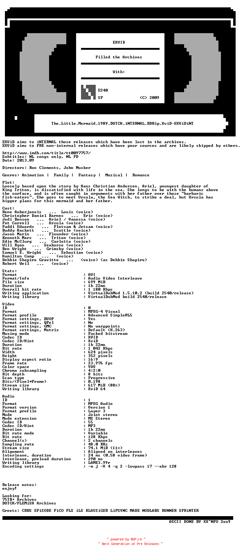 NFO for the release The.Little.Mermaid.1989.DUTCH.iNTERNAL.BDRip.XviD-EXViDiNT by EXViDiNT