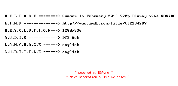 NFO for the release Summer.In.February.2013.720p.Bluray.x264-SONiDO by SONiDO
