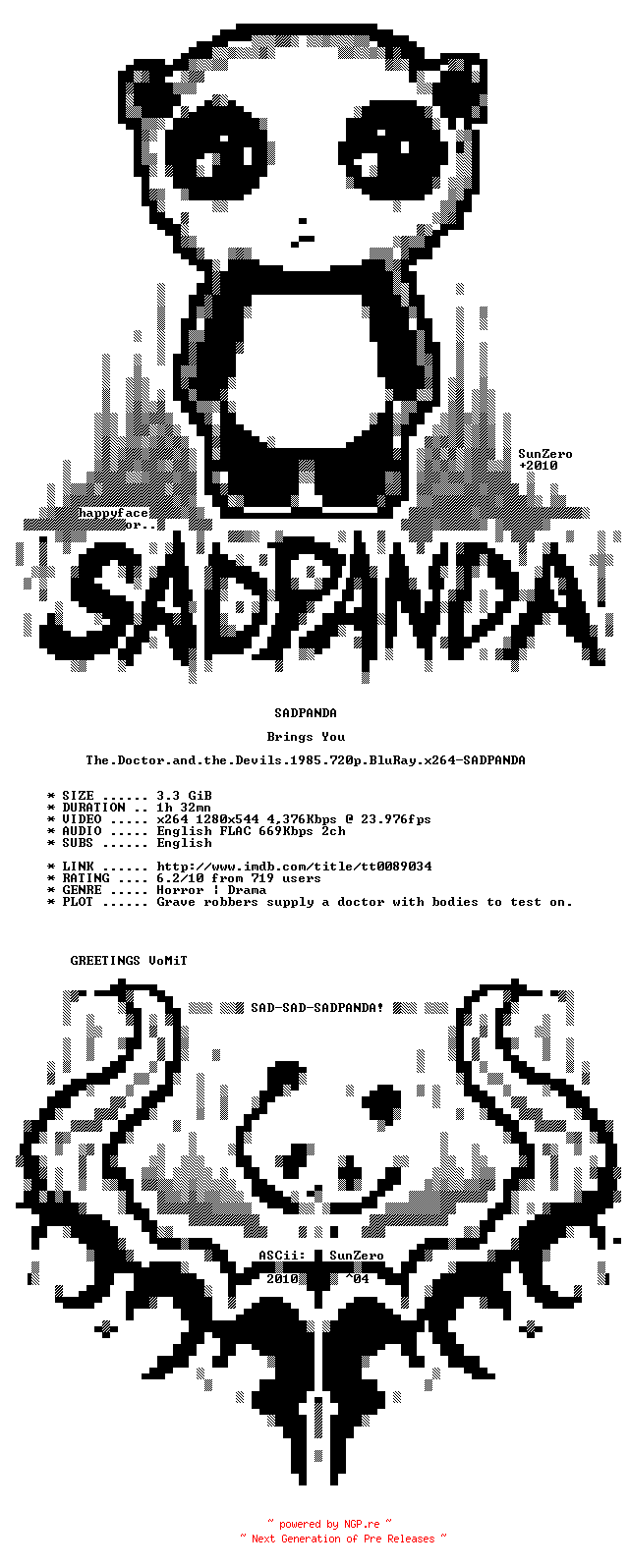 NFO for the release The.Doctor.and.the.Devils.1985.720p.BluRay.x264-SADPANDA by SADPANDA