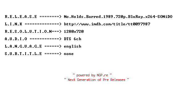 NFO for the release No.Holds.Barred.1989.720p.BluRay.x264-SONiDO by SONiDO
