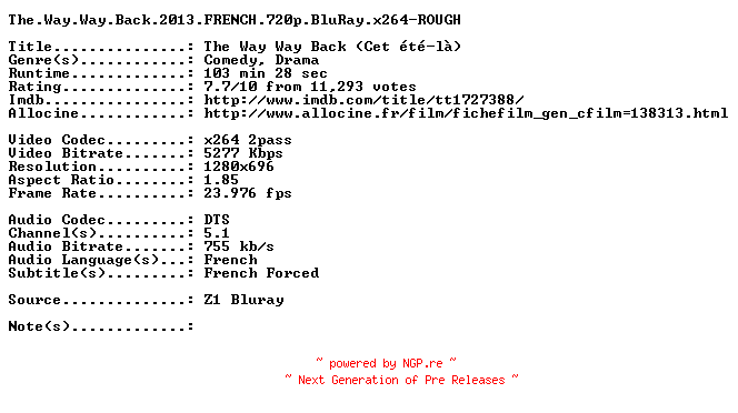 NFO for the release The.Way.Way.Back.2013.FRENCH.720p.BluRay.x264-ROUGH by ROUGH