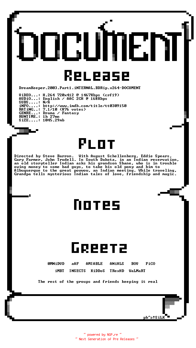NFO for the release DreamKeeper.2003.Part1.iNTERNAL.BDRip.x264-DOCUMENT by DOCUMENT