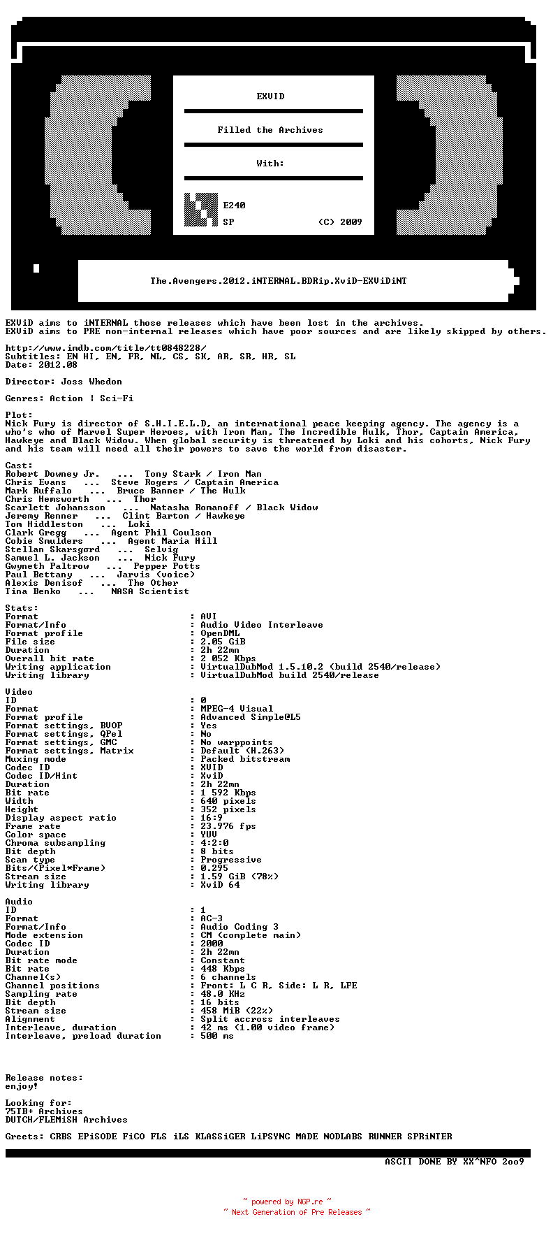 NFO for the release The.Avengers.2012.iNTERNAL.BDRip.XviD-EXViDiNT by EXViDiNT
