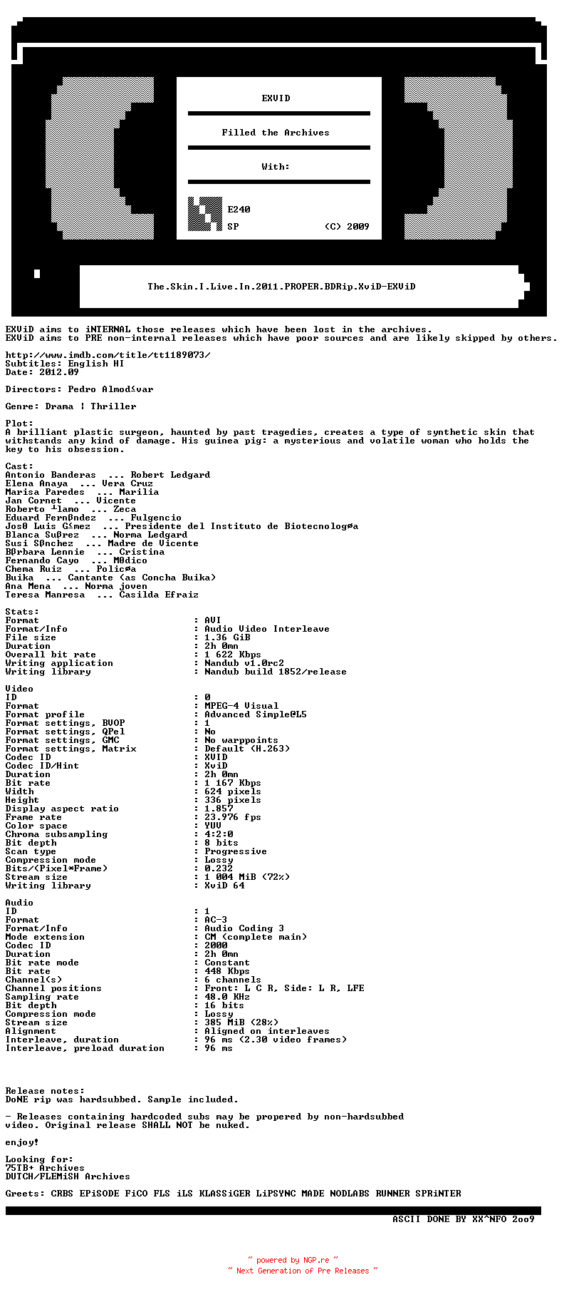 NFO for the release The.Skin.I.Live.In.2011.PROPER.BDRip.XviD-EXViD by EXViD