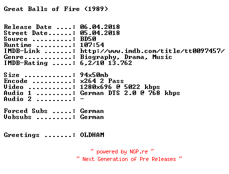 NFO for the release Great.Balls.of.Fire.1989.German.720p.BluRay.x264-SPiCY by SPiCY