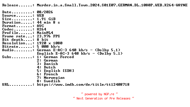 NFO for the release Murder.in.a.Small.Town.2024.S01E07.GERMAN.DL.1080P.WEB.X264-WAYNE by WAYNE