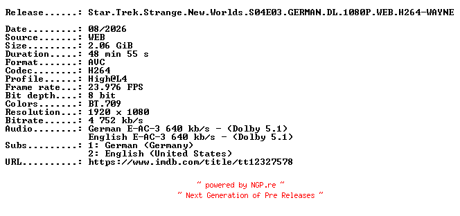 NFO for the release Star.Trek.Strange.New.Worlds.S04E03.GERMAN.DL.1080P.WEB.H264-WAYNE by WAYNE