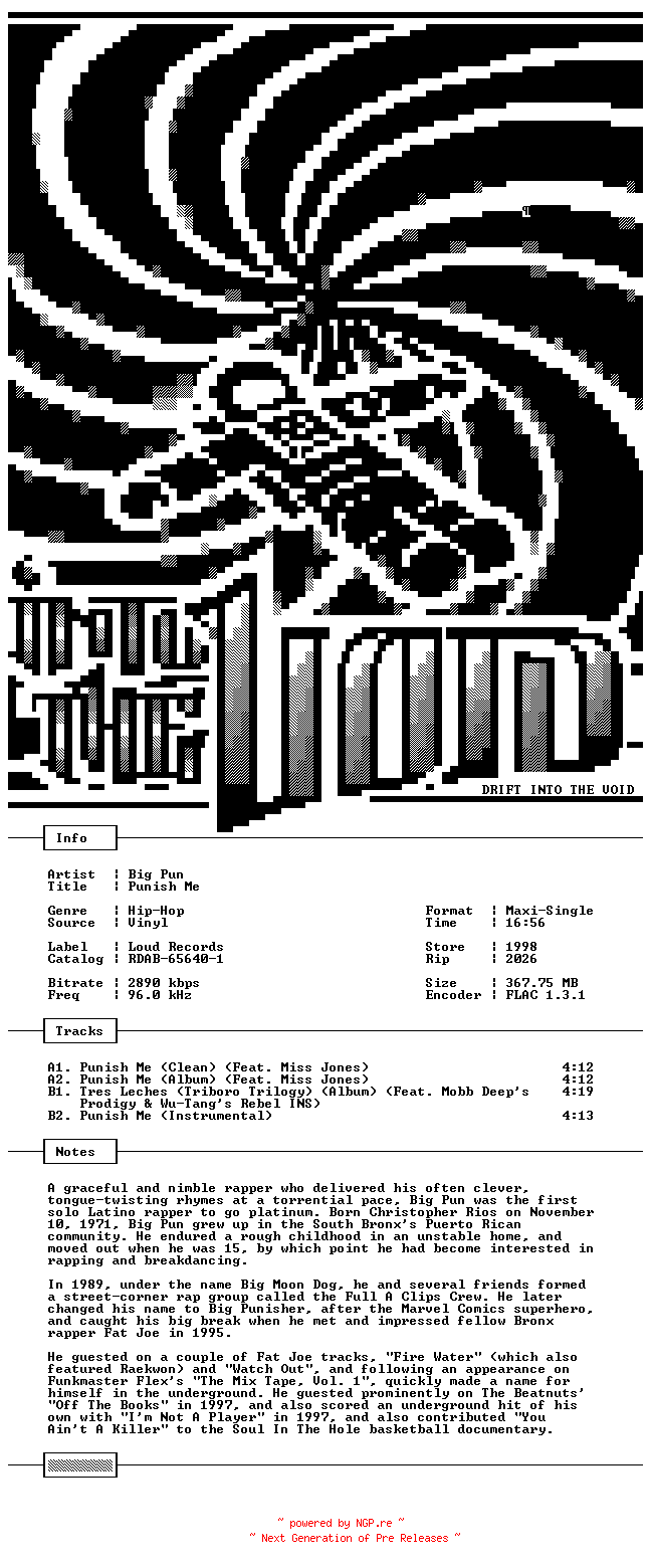 NFO for the release Big_Pun-Punish_Me-Promo-VLS-FLAC-1998-THEVOiD by THEVOiD
