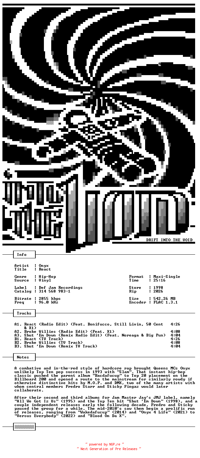 NFO for the release Onyx-React-VLS-FLAC-1998-THEVOiD by THEVOiD