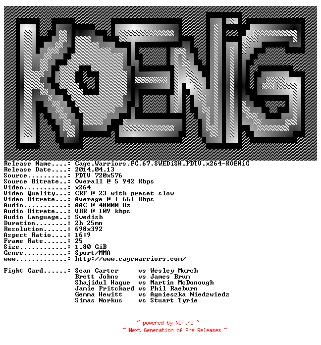 NFO for the release Cage.Warriors.FC.67.SWEDiSH.PDTV.x264-KOENiG by KOENiG