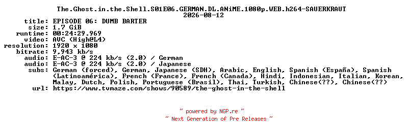 NFO for the release The.Ghost.in.the.Shell.S01E06.GERMAN.DL.ANiME.1080p.WEB.h264-SAUERKRAUT by SAUERKRAUT